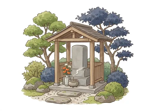 お寺の庭の屋根付きの合葬墓に、花と香炉が供えられた挿絵