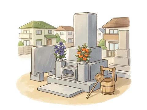 住宅地の近くの墓地に、花と手桶が供えられた小さなお墓の挿絵