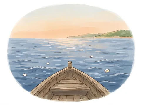 朝の静かな海に白い花びらが浮かび、小舟の舳先が見える挿絵