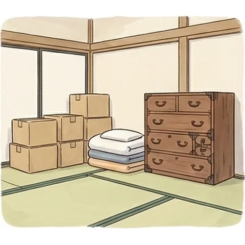 畳の部屋に段ボール箱と布団、古いたんすが整えて置かれた挿絵