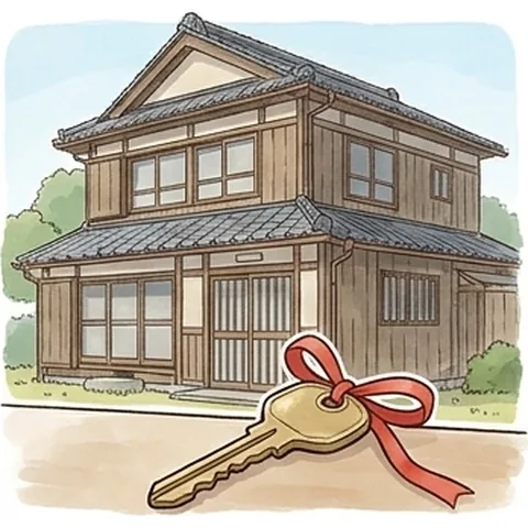 古い日本家屋の前に赤いリボンの付いた家の鍵が置かれた挿絵