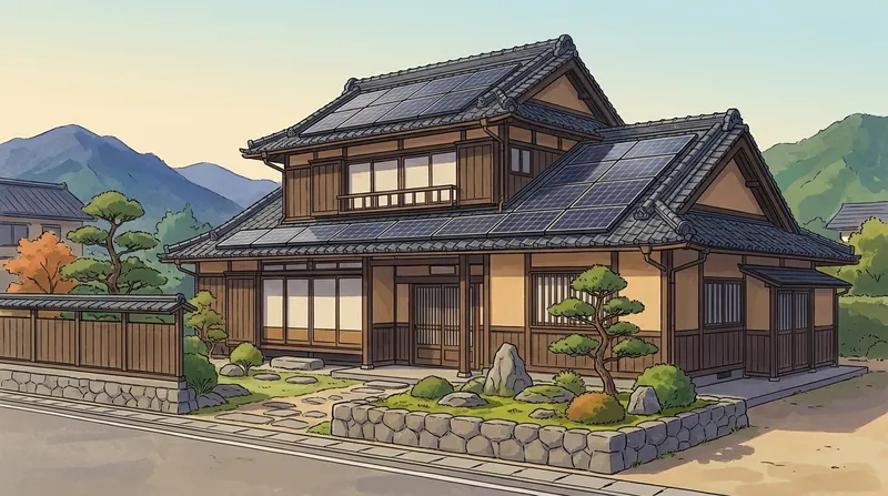 瓦屋根に太陽光パネルが載った古い二階建ての日本家屋を、道路側から見た挿絵
