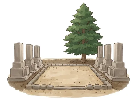 墓石を片付けて更地にした墓所の区画と、両隣のお墓の挿絵