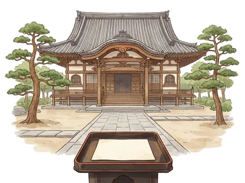 石畳の参道の先にあるお寺の本堂と、白紙の書類をのせた盆の挿絵