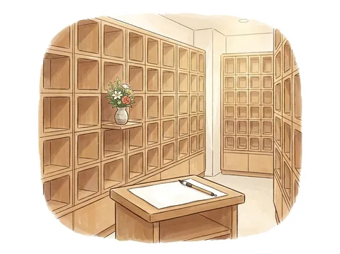 木の納骨棚が並ぶ納骨堂と、白紙の書類と筆を置いた台の挿絵