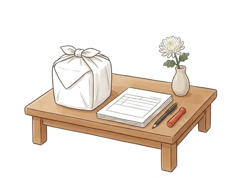 白い布に包んだ骨つぼと、改葬の書類と印鑑の挿絵
